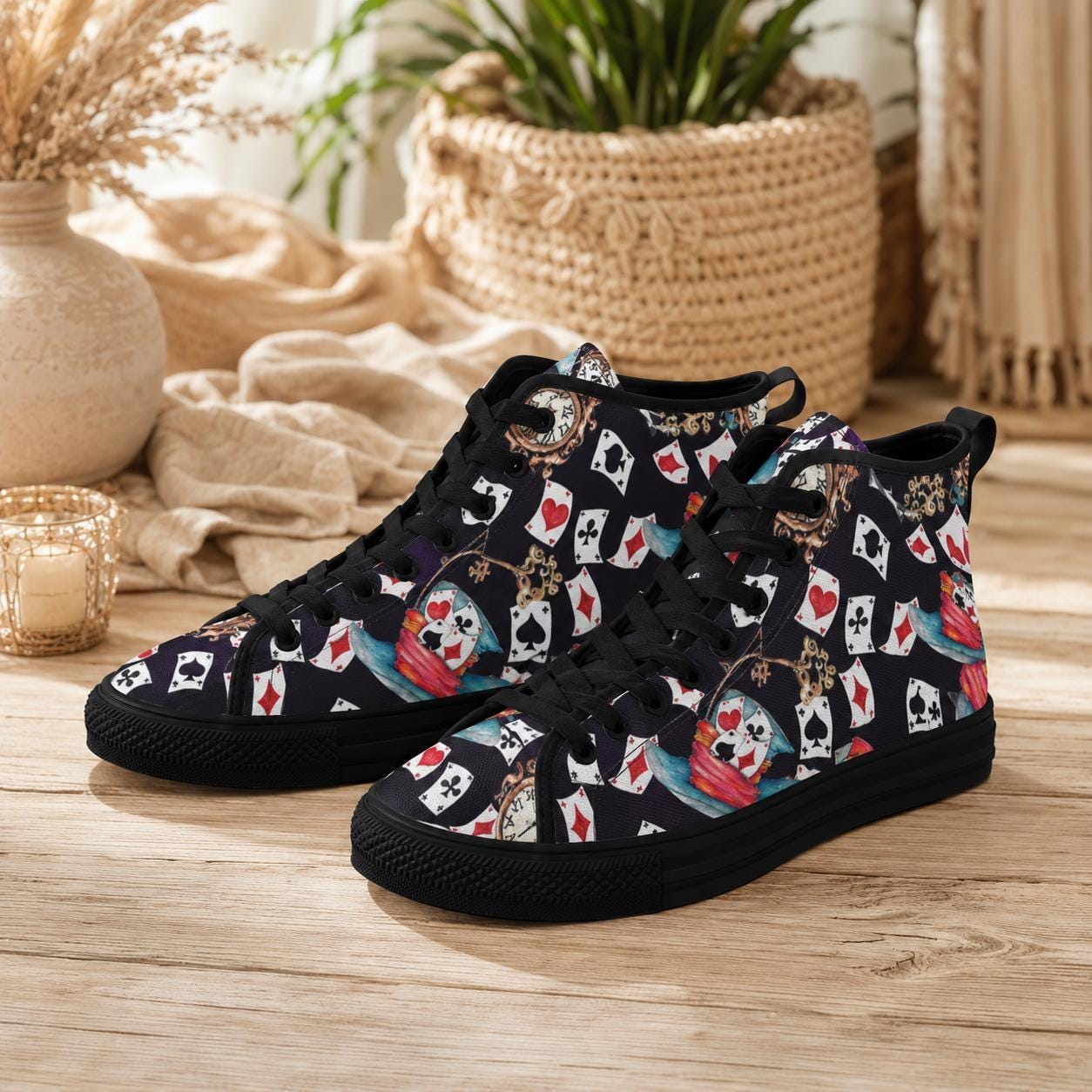 Playing Card High Top Sneakers, Vintage Clock Teacup Print Canvas Shoes, Dark Whimsical Lace Up