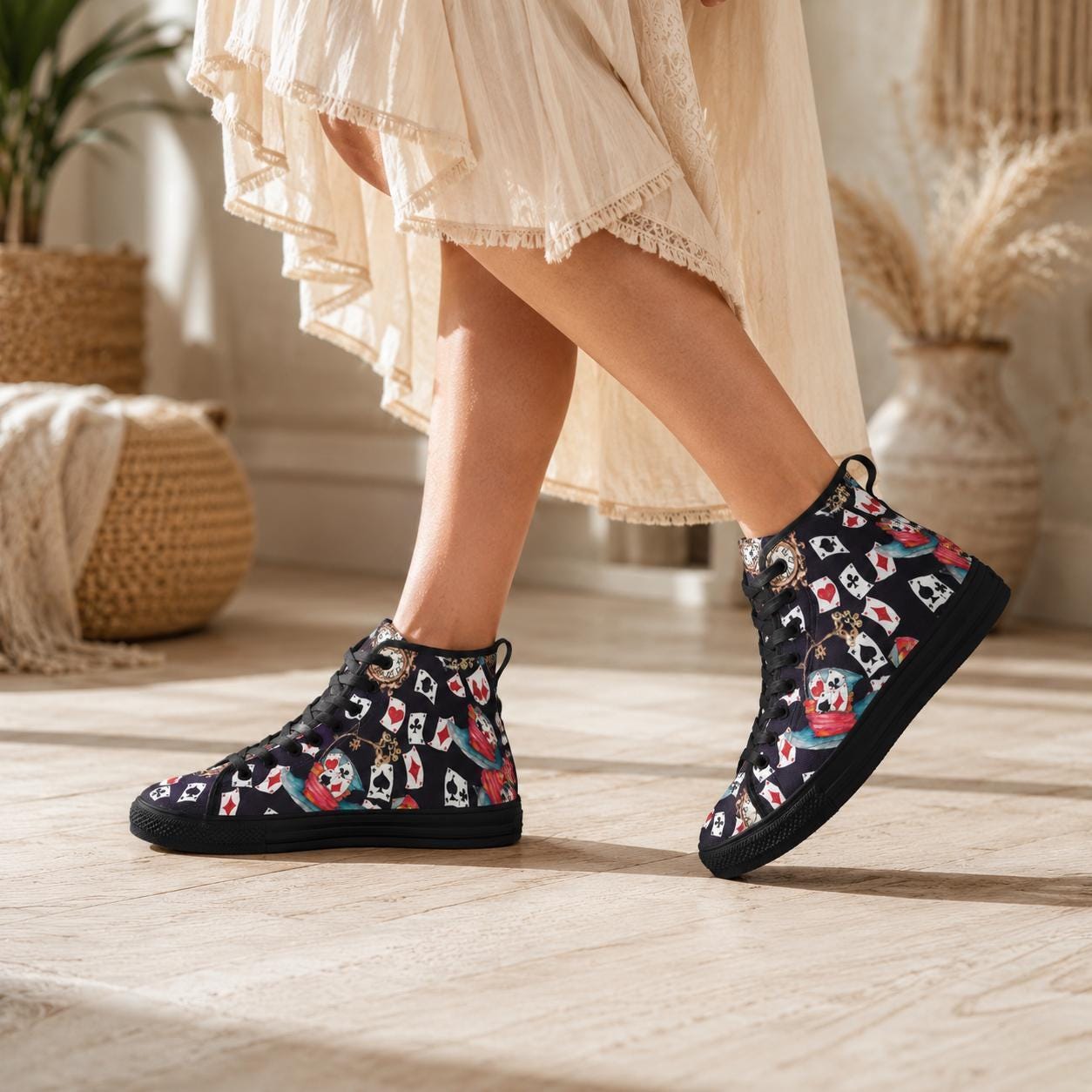 Playing Card High Top Sneakers, Vintage Clock Teacup Print Canvas Shoes, Dark Whimsical Lace Up