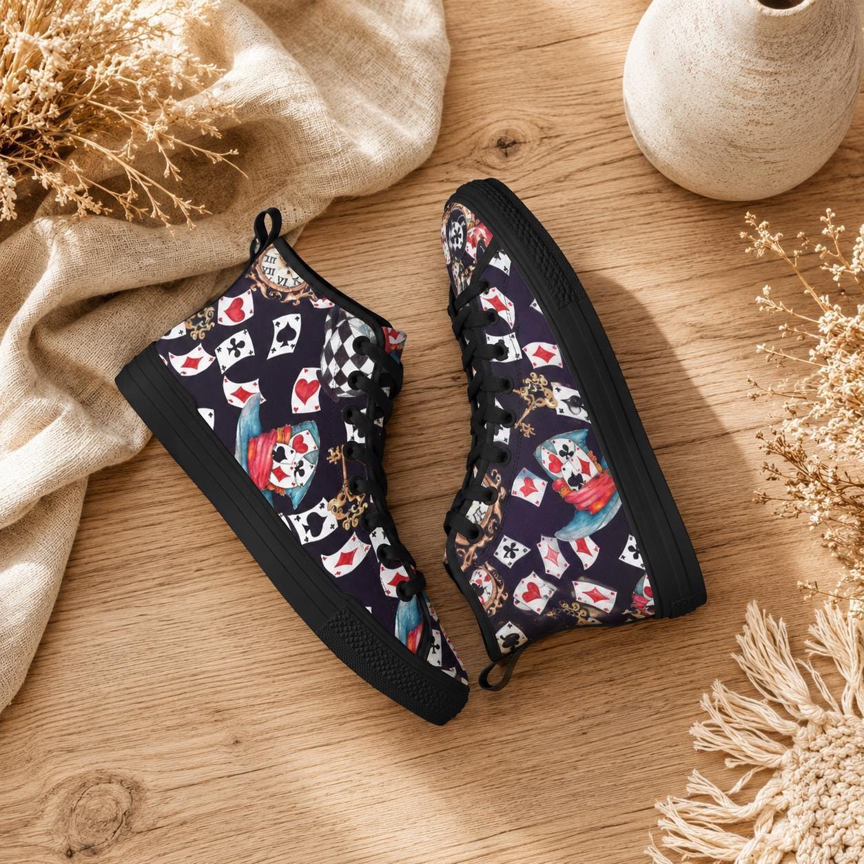 Playing Card High Top Sneakers, Vintage Clock Teacup Print Canvas Shoes, Dark Whimsical Lace Up
