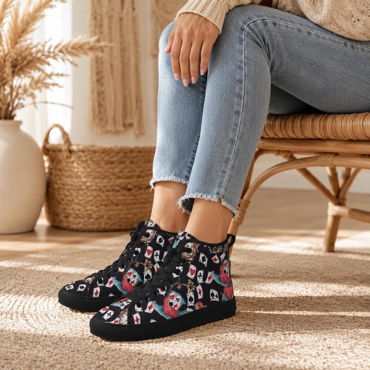 Playing Card High Top Sneakers, Vintage Clock Teacup Print Canvas Shoes, Dark Whimsical Lace Up