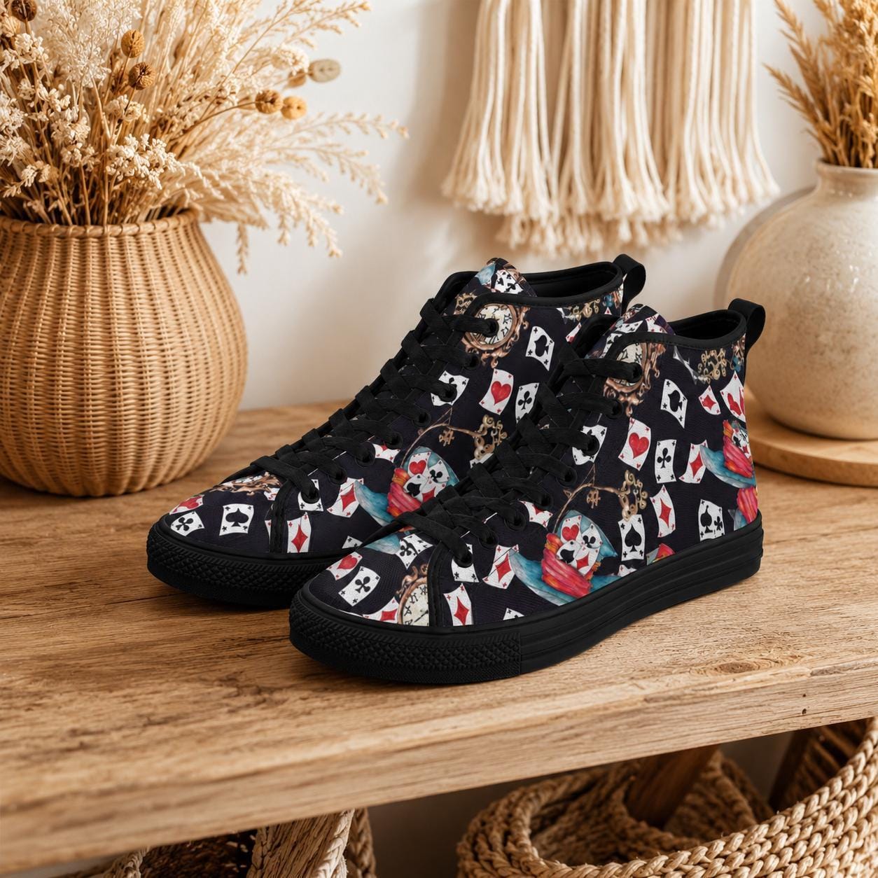 Playing Card High Top Sneakers, Vintage Clock Teacup Print Canvas Shoes, Dark Whimsical Lace Up
