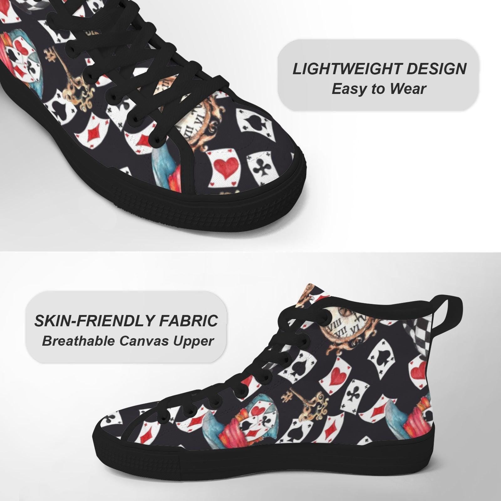 Playing Card High Top Sneakers, Vintage Clock Teacup Print Canvas Shoes, Dark Whimsical Lace Up