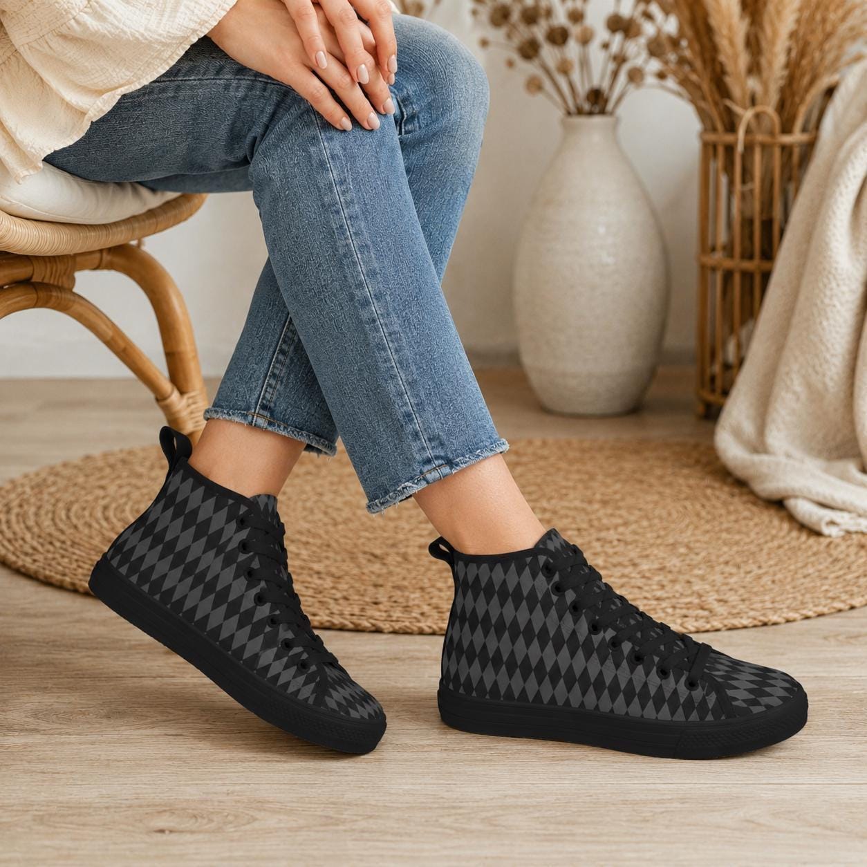 Black Diamond High Top Sneakers, Lace Up Canvas Streetwear Shoes