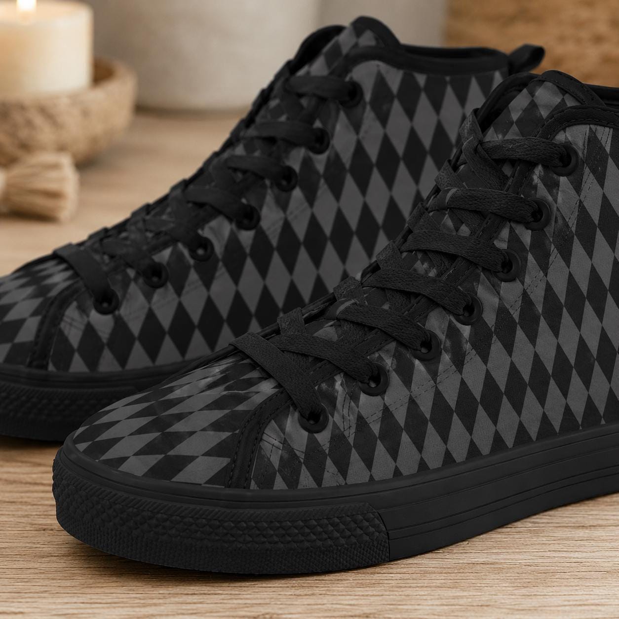 Black Diamond High Top Sneakers, Lace Up Canvas Streetwear Shoes
