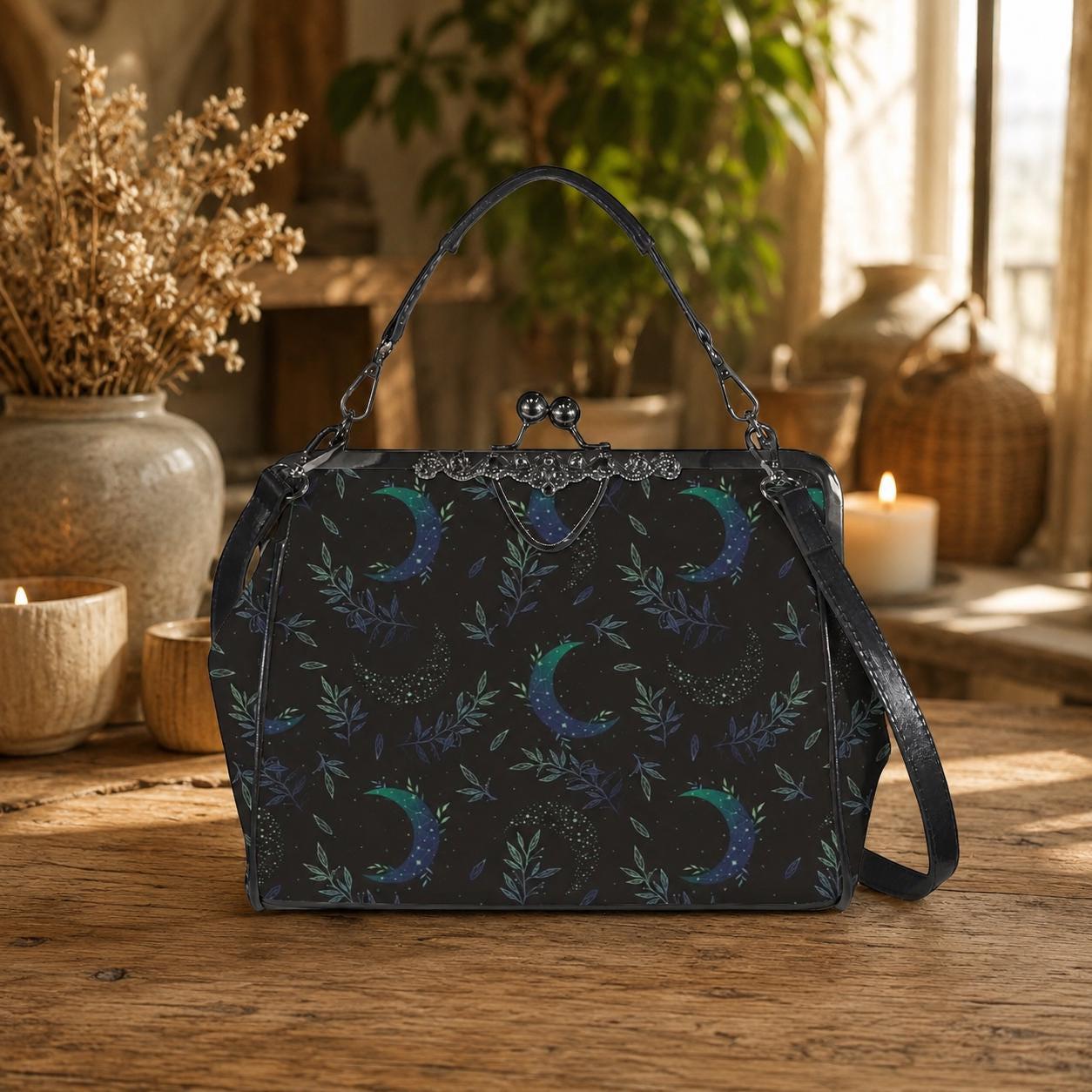 Night garden moon purse, green lunar clasp handbag, celestial leaf print kisslock bag