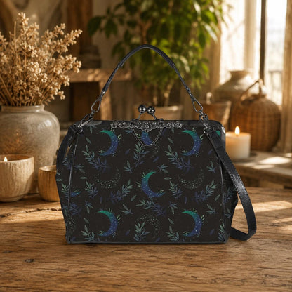 Night garden moon purse, green lunar clasp handbag, celestial leaf print kisslock bag