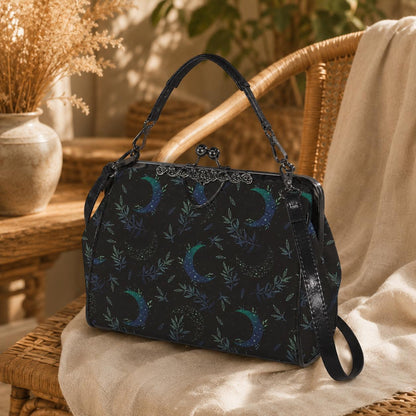 Night garden moon purse, green lunar clasp handbag, celestial leaf print kisslock bag