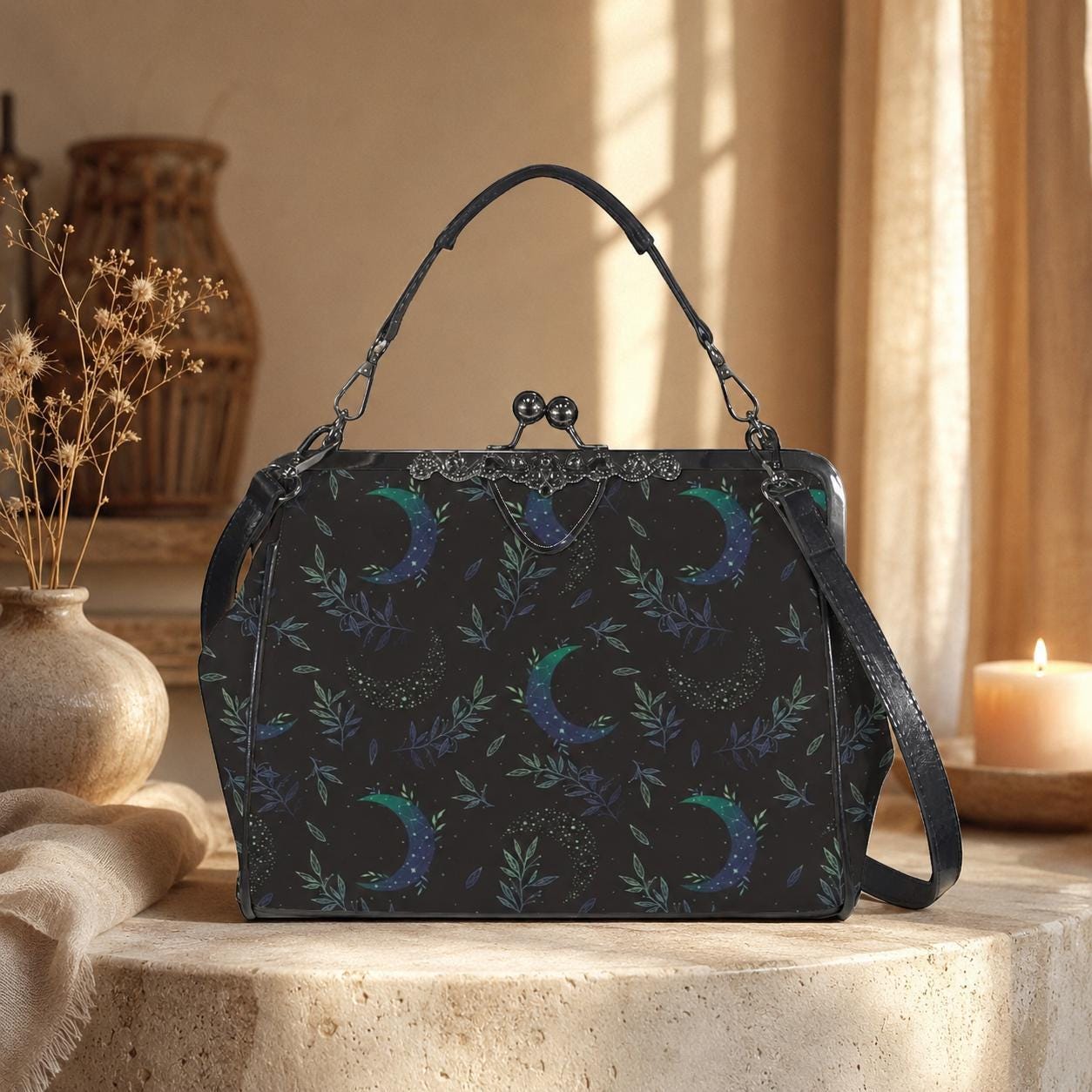 Night garden moon purse, green lunar clasp handbag, celestial leaf print kisslock bag