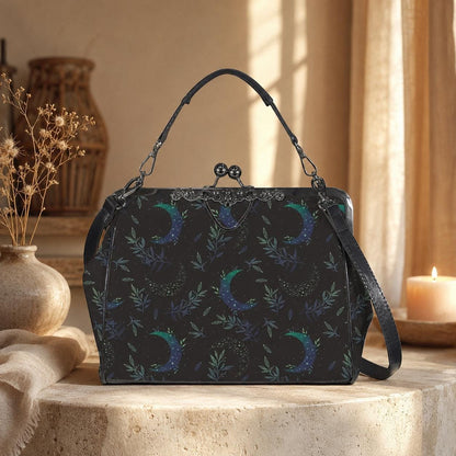 Night garden moon purse, green lunar clasp handbag, celestial leaf print kisslock bag