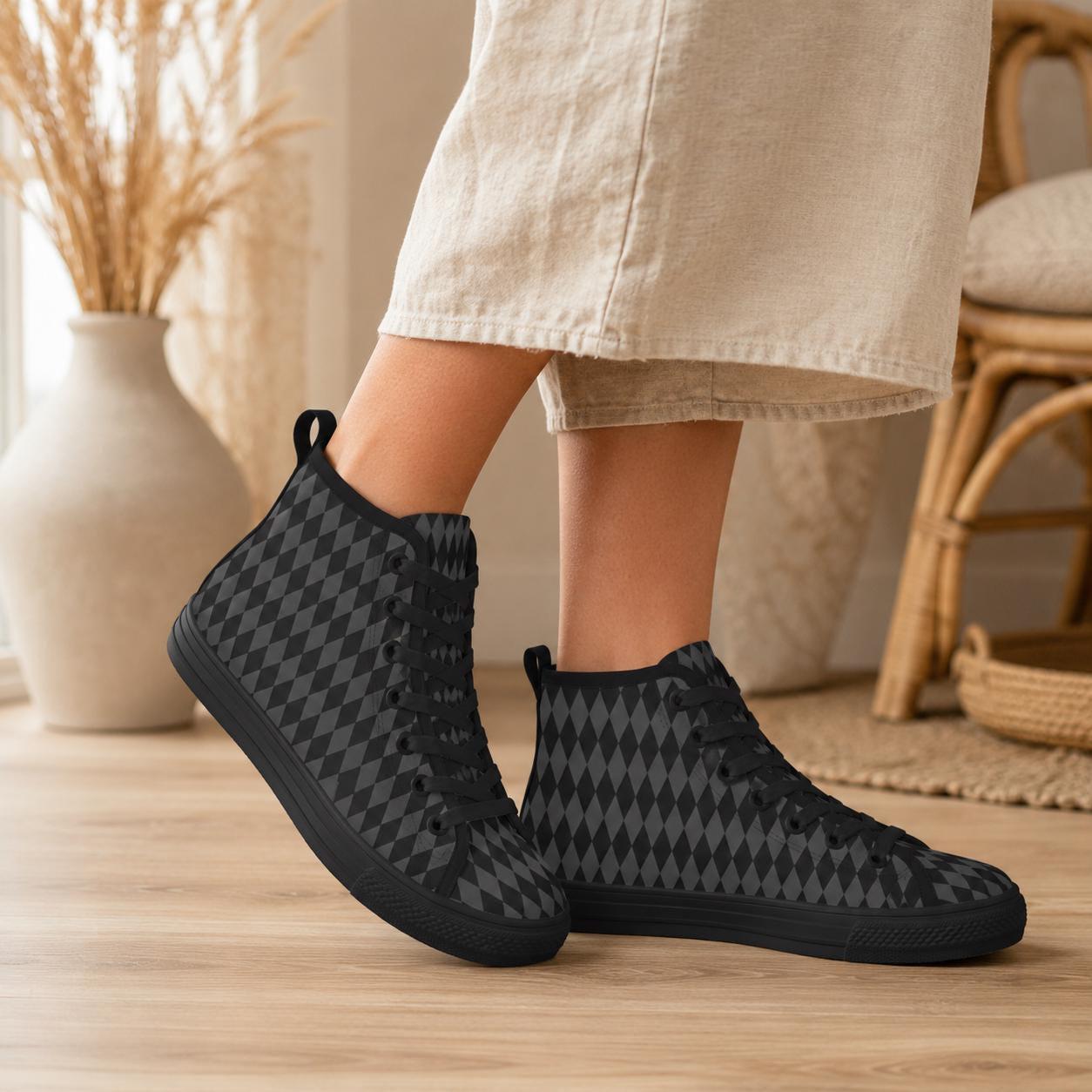 Black Diamond High Top Sneakers, Lace Up Canvas Streetwear Shoes