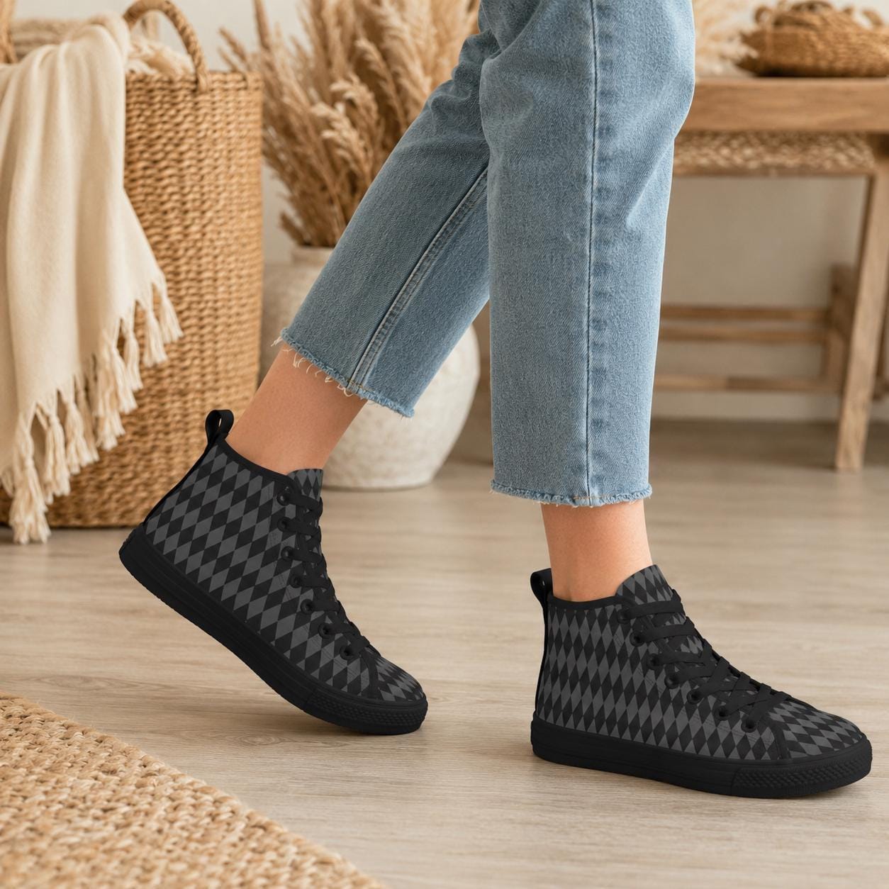 Black Diamond High Top Sneakers, Lace Up Canvas Streetwear Shoes