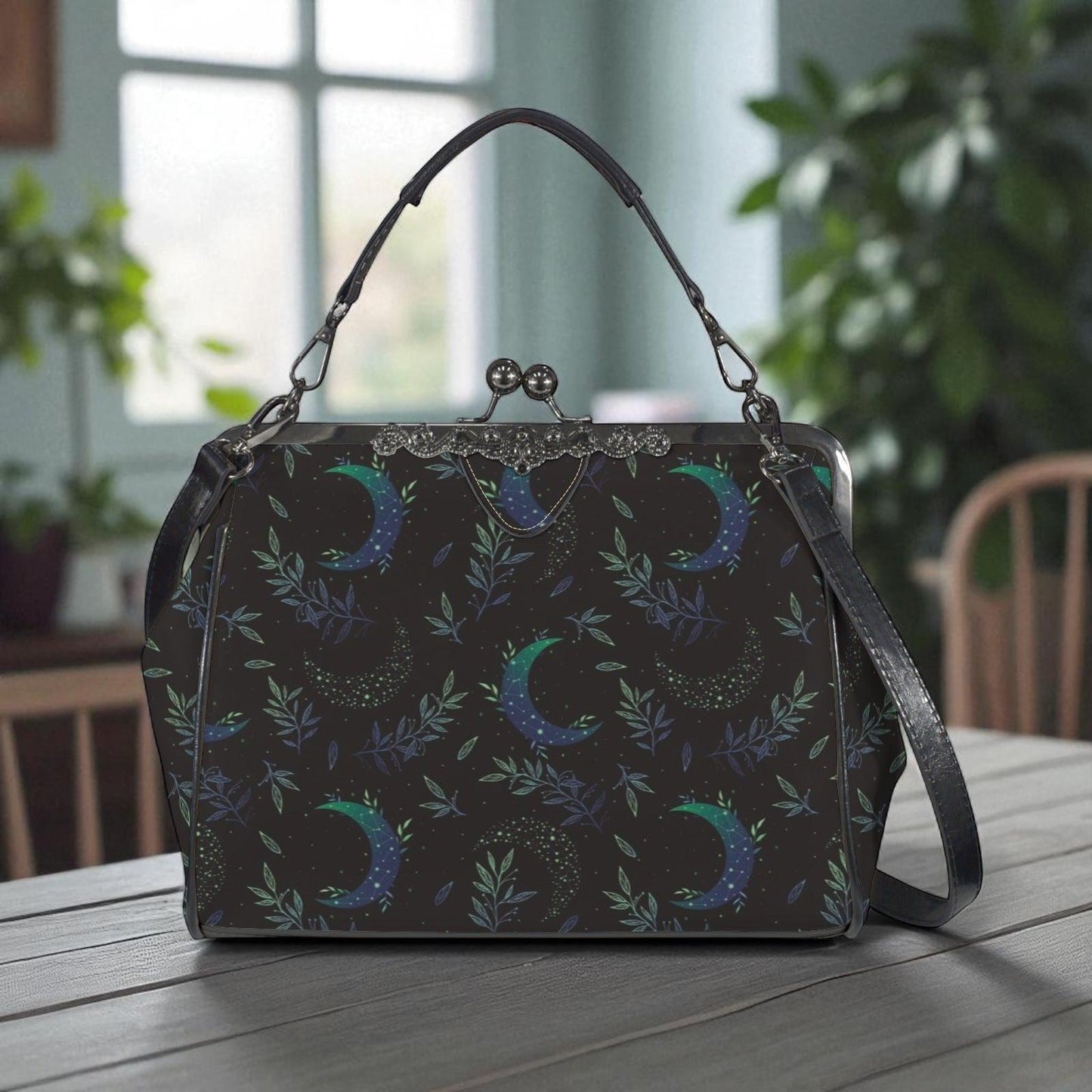 Night garden moon purse, green lunar clasp handbag, celestial leaf print kisslock bag
