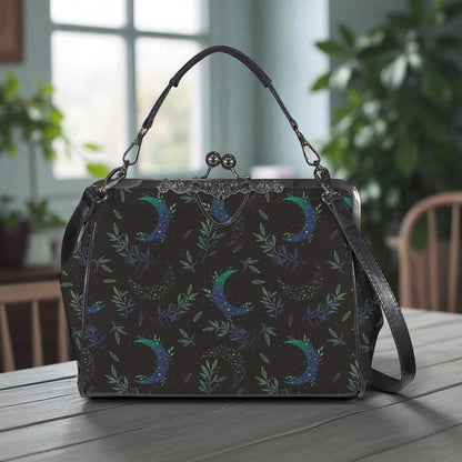 Night garden moon purse, green lunar clasp handbag, celestial leaf print kisslock bag