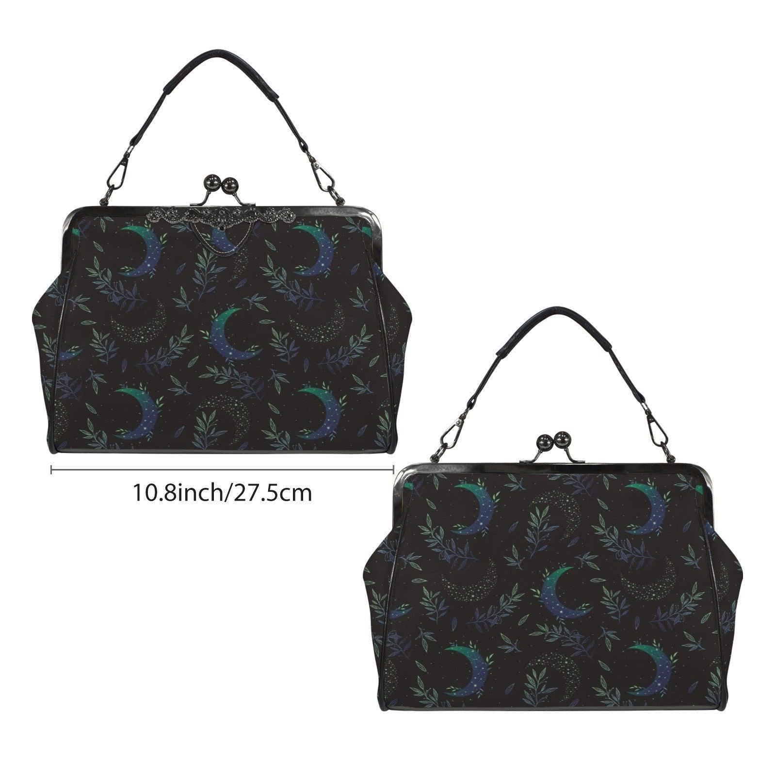 Night garden moon purse, green lunar clasp handbag, celestial leaf print kisslock bag