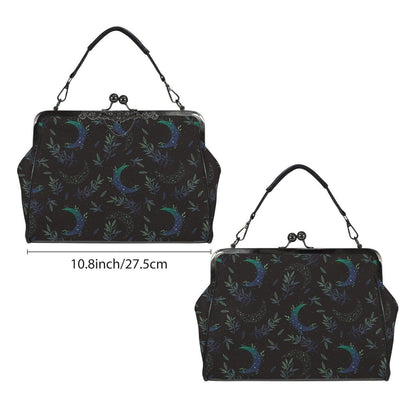Night garden moon purse, green lunar clasp handbag, celestial leaf print kisslock bag