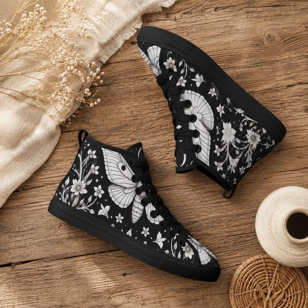 Moth Floral High Top Sneakers, Black Canvas Lace Up Shoes, Dark Botanical Footwear