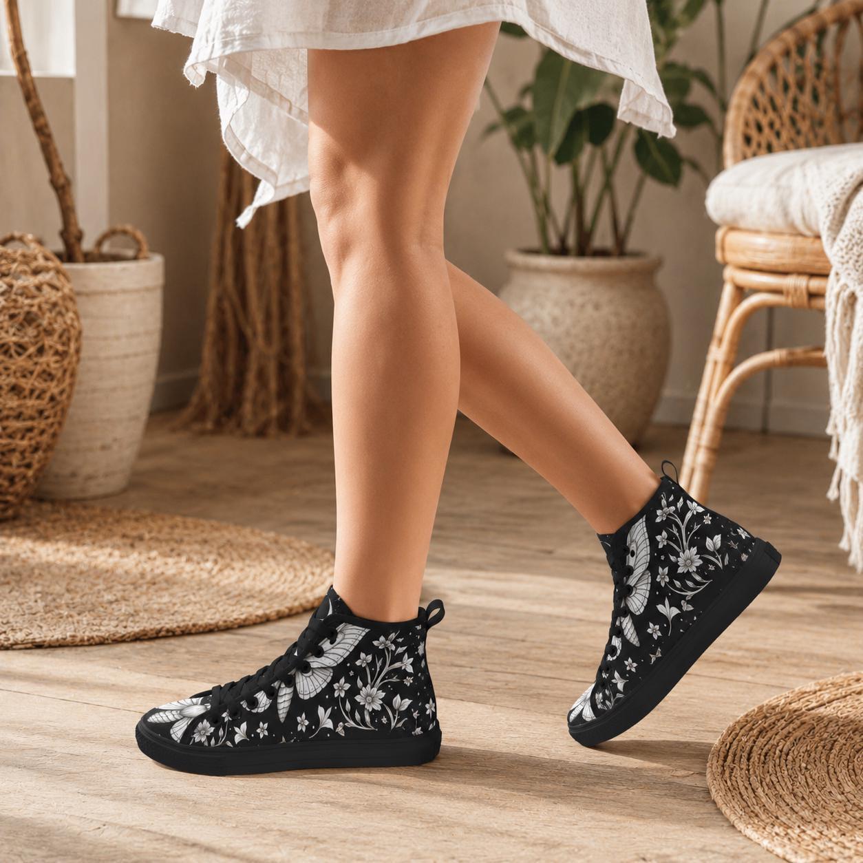 Moth Floral High Top Sneakers, Black Canvas Lace Up Shoes, Dark Botanical Footwear