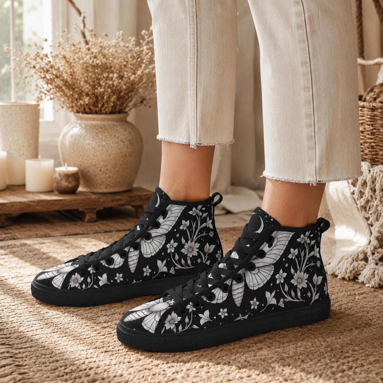 Moth Floral High Top Sneakers, Black Canvas Lace Up Shoes, Dark Botanical Footwear