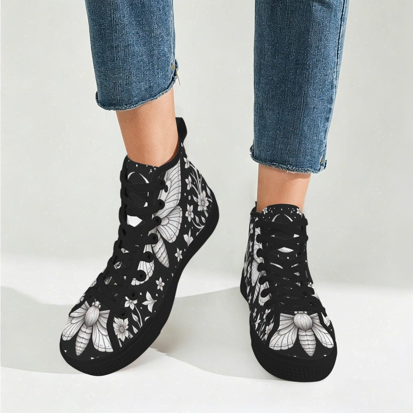 Moth Floral High Top Sneakers, Black Canvas Lace Up Shoes, Dark Botanical Footwear