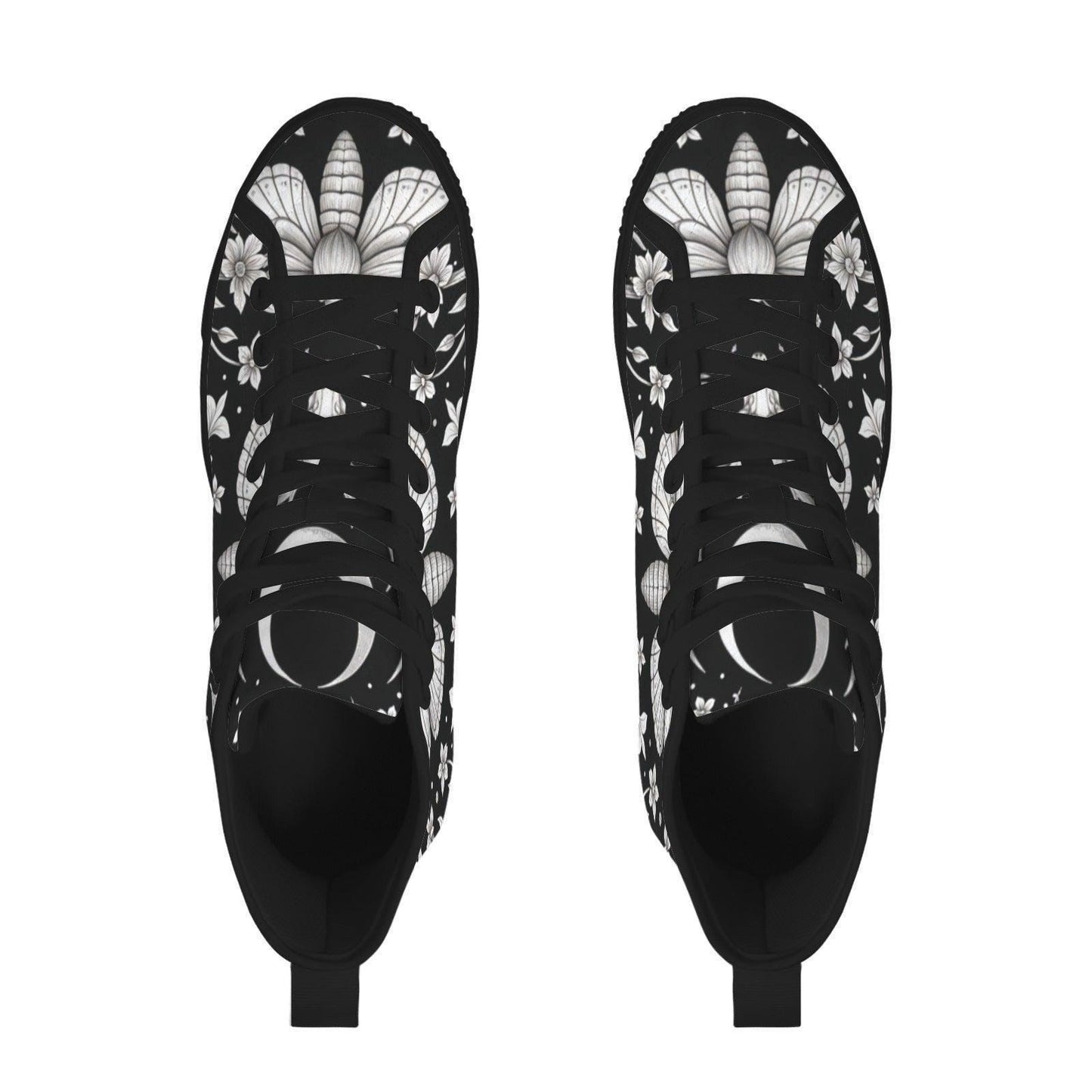 Moth Floral High Top Sneakers, Black Canvas Lace Up Shoes, Dark Botanical Footwear