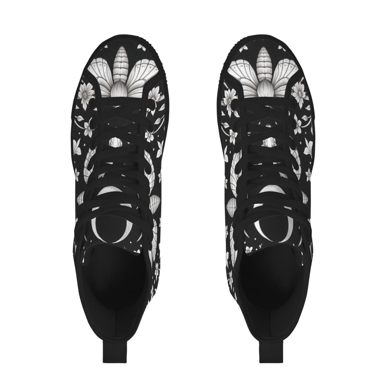 Moth Floral High Top Sneakers, Black Canvas Lace Up Shoes, Dark Botanical Footwear