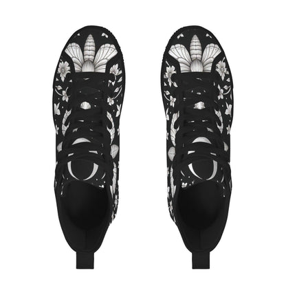 Moth Floral High Top Sneakers, Black Canvas Lace Up Shoes, Dark Botanical Footwear