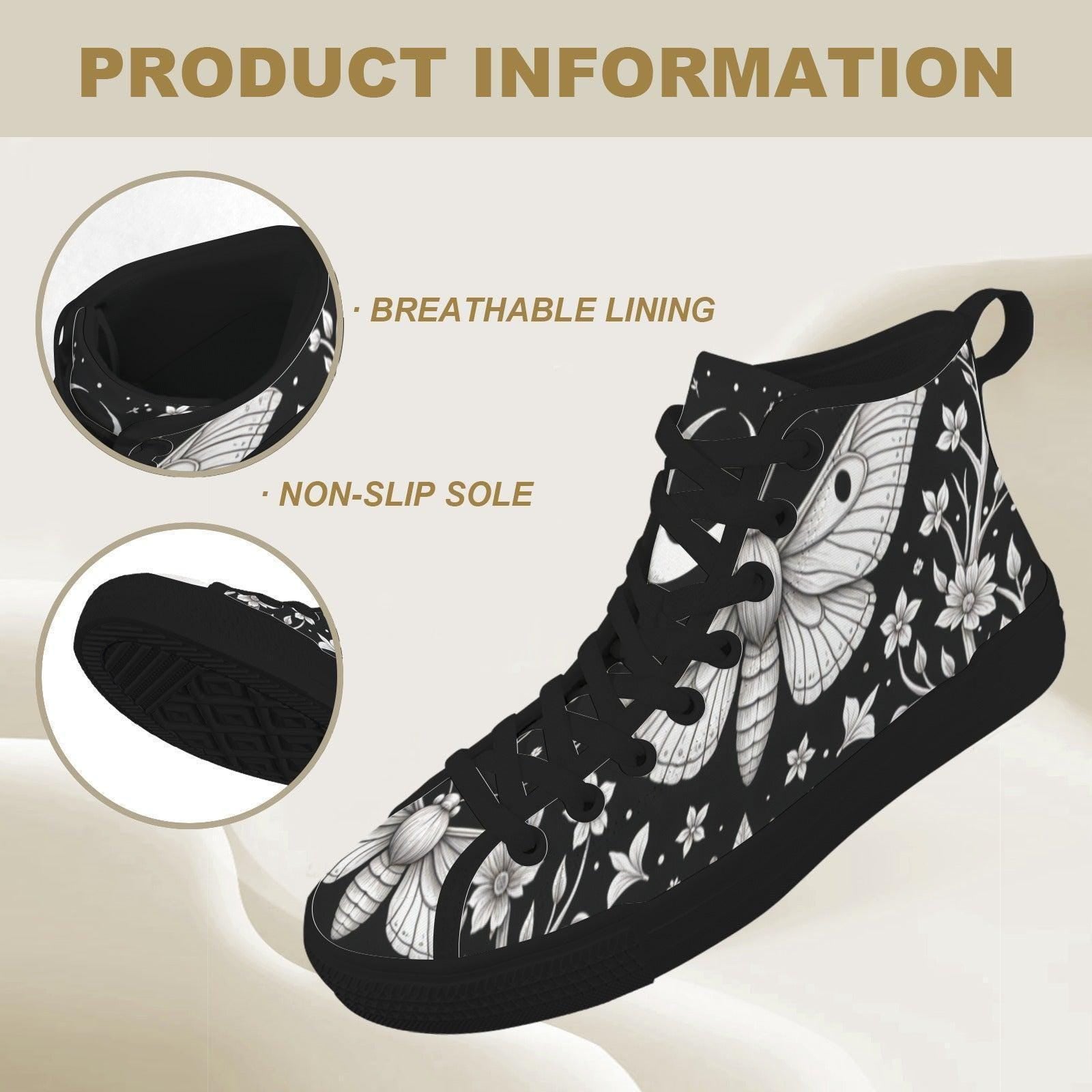 Moth Floral High Top Sneakers, Black Canvas Lace Up Shoes, Dark Botanical Footwear
