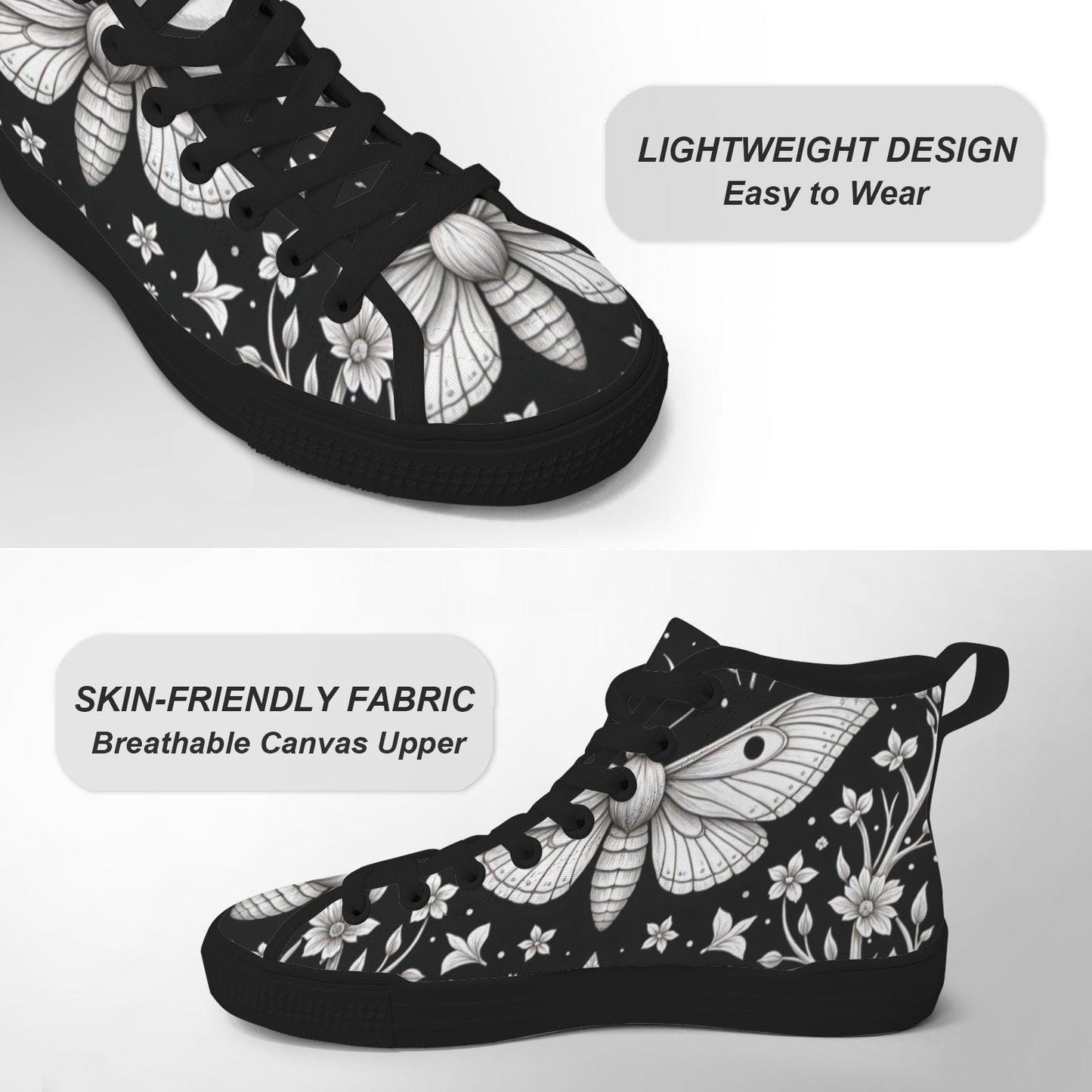 Moth Floral High Top Sneakers, Black Canvas Lace Up Shoes, Dark Botanical Footwear