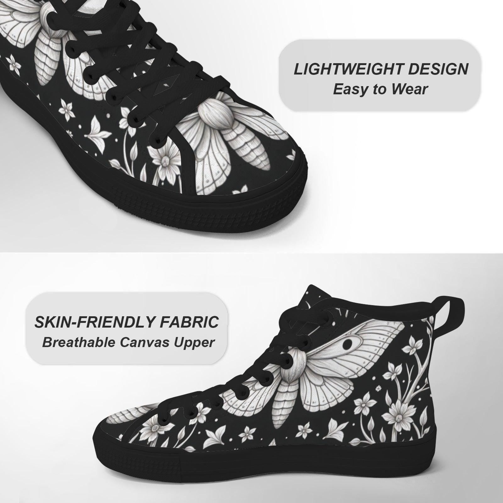 Moth Floral High Top Sneakers, Black Canvas Lace Up Shoes, Dark Botanical Footwear