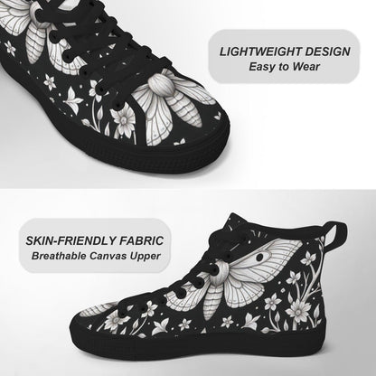 Moth Floral High Top Sneakers, Black Canvas Lace Up Shoes, Dark Botanical Footwear