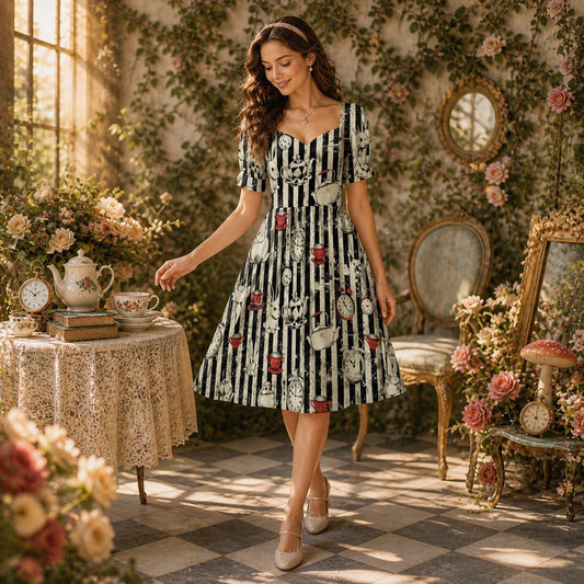Wonderland Rabbit Midi Dress, Tea Party Clock Print, Striped Puff Sleeve Fantasy Dress