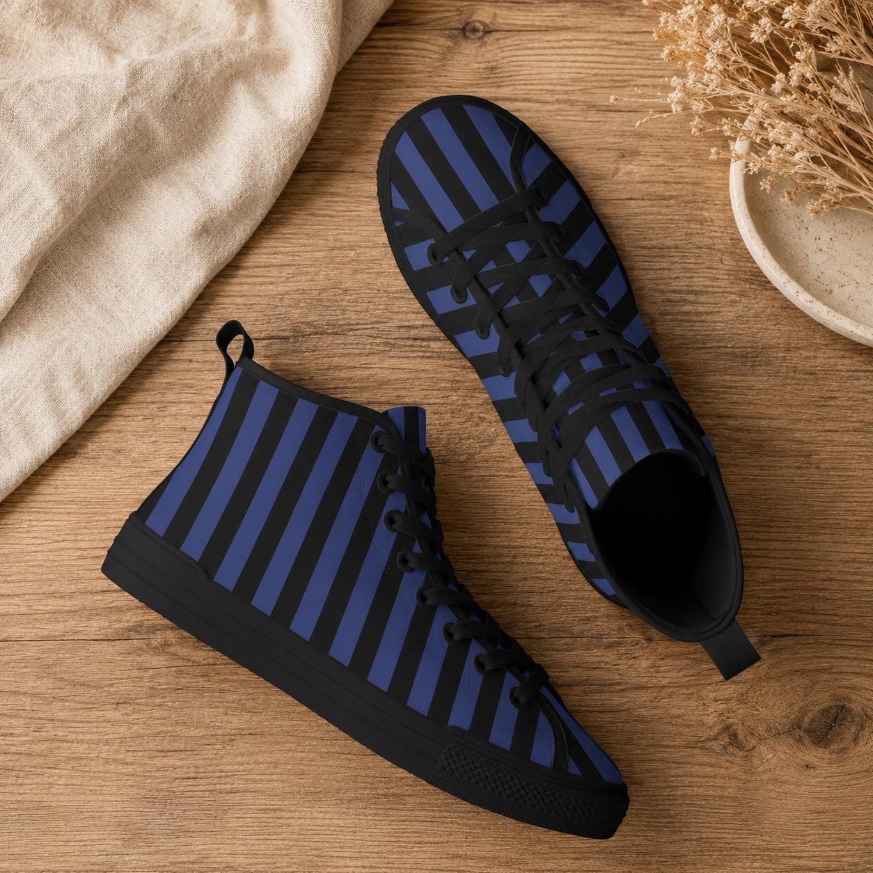 Navy Blue Black Vertical Stripe High Top Sneakers, Skater Canvas Shoes