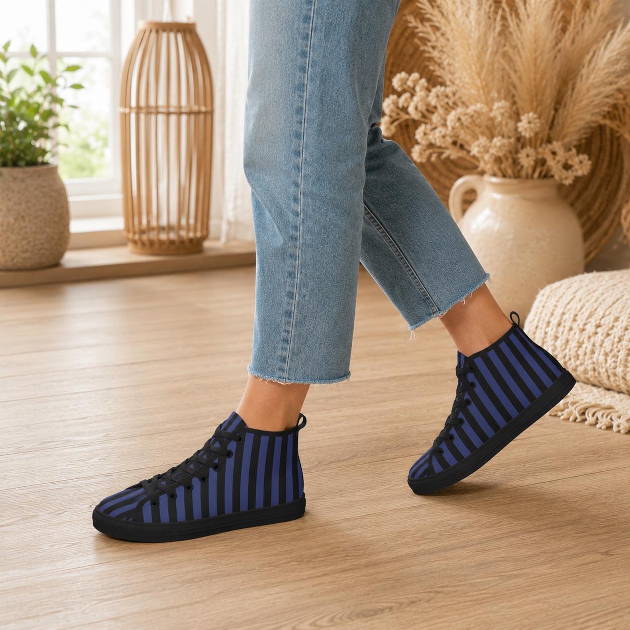Navy Blue Black Vertical Stripe High Top Sneakers, Skater Canvas Shoes
