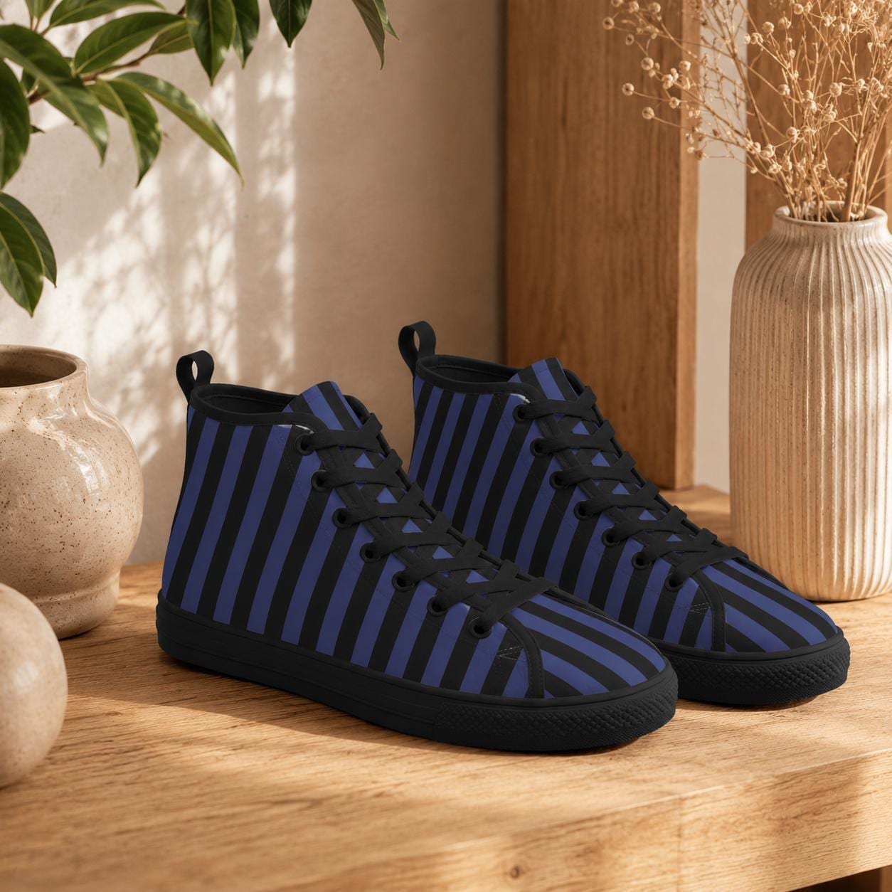 Navy Blue Black Vertical Stripe High Top Sneakers, Skater Canvas Shoes