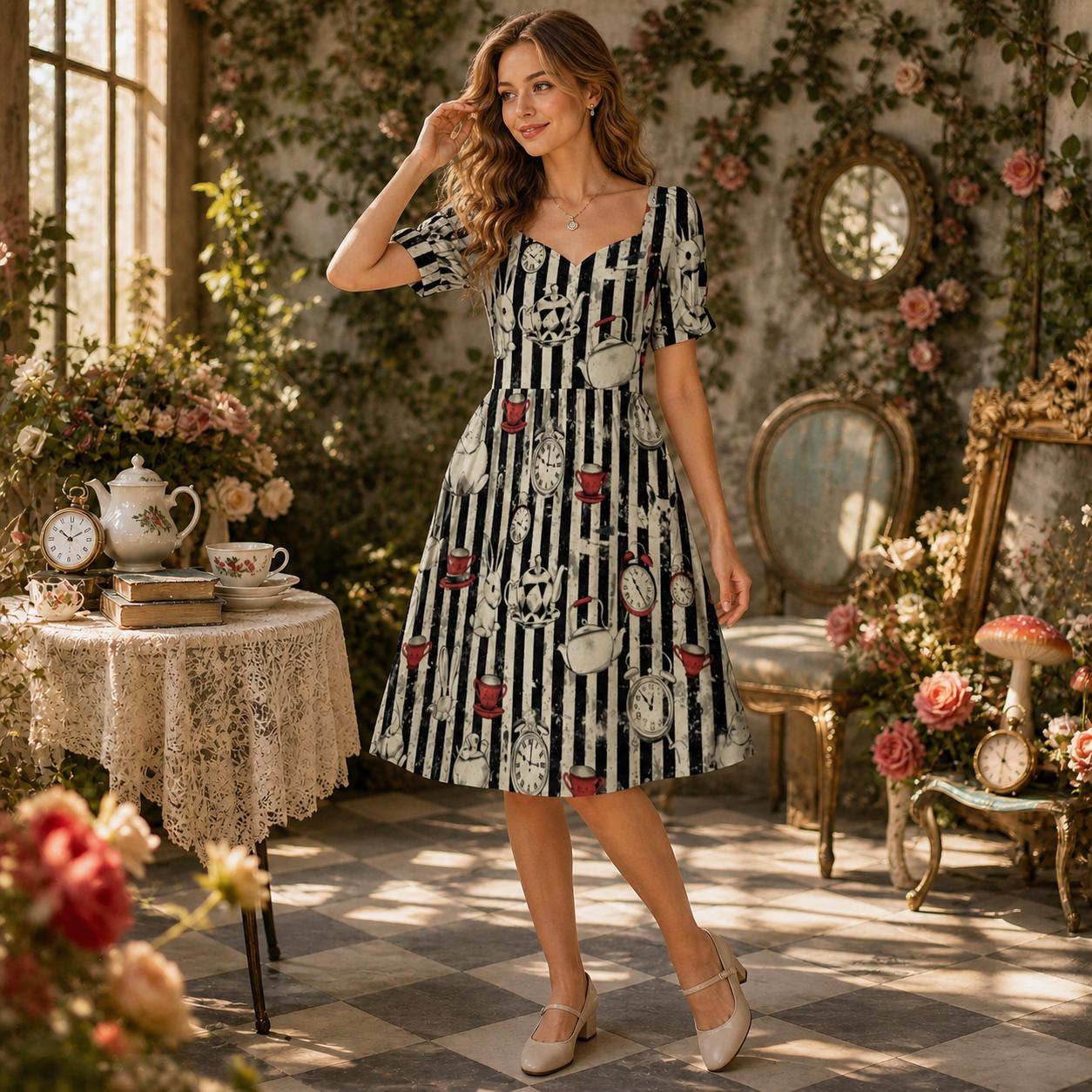 Wonderland Rabbit Midi Dress, Tea Party Clock Print, Striped Puff Sleeve Fantasy Dress