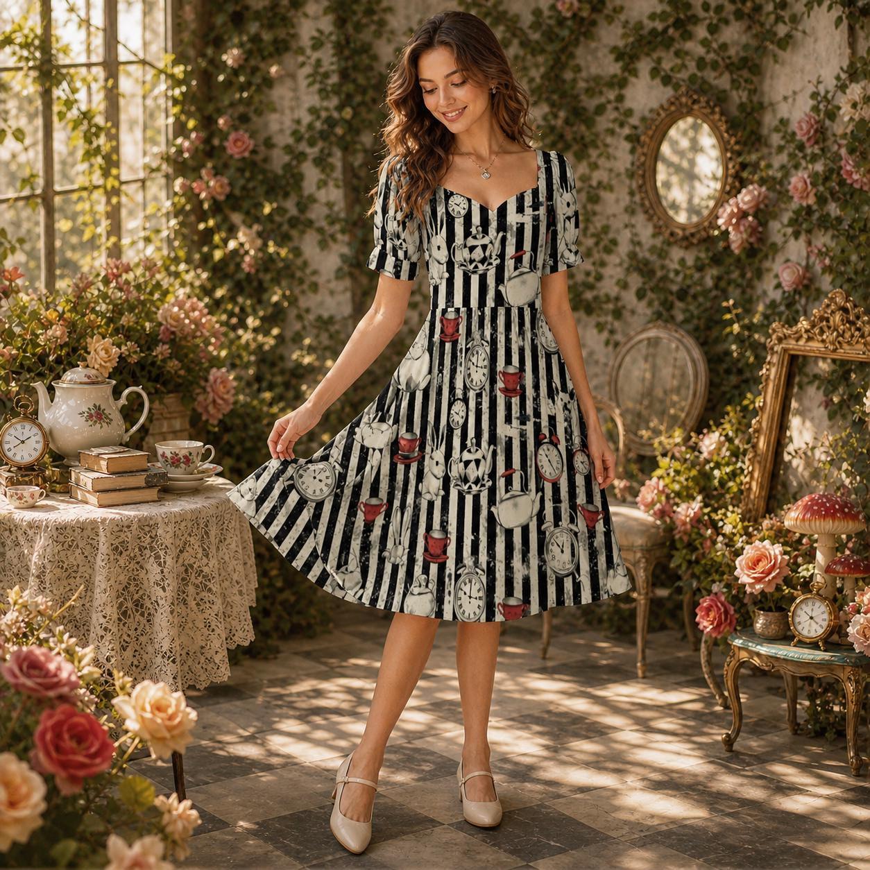 Wonderland Rabbit Midi Dress, Tea Party Clock Print, Striped Puff Sleeve Fantasy Dress