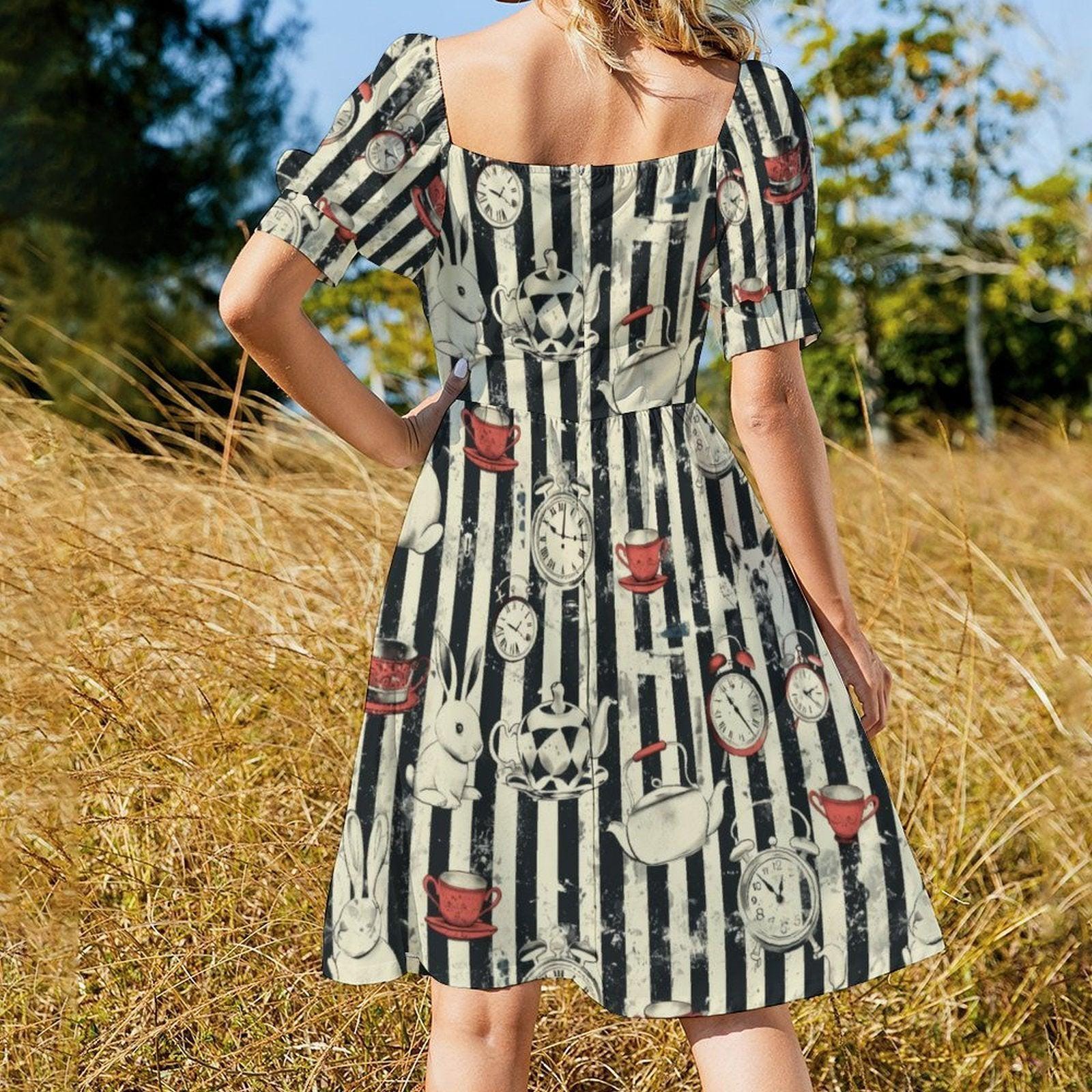 Wonderland Rabbit Midi Dress, Tea Party Clock Print, Striped Puff Sleeve Fantasy Dress