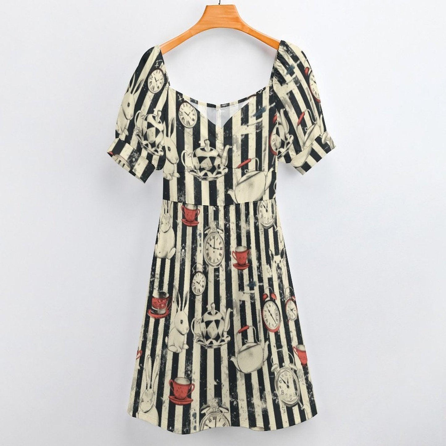 Wonderland Rabbit Midi Dress, Tea Party Clock Print, Striped Puff Sleeve Fantasy Dress