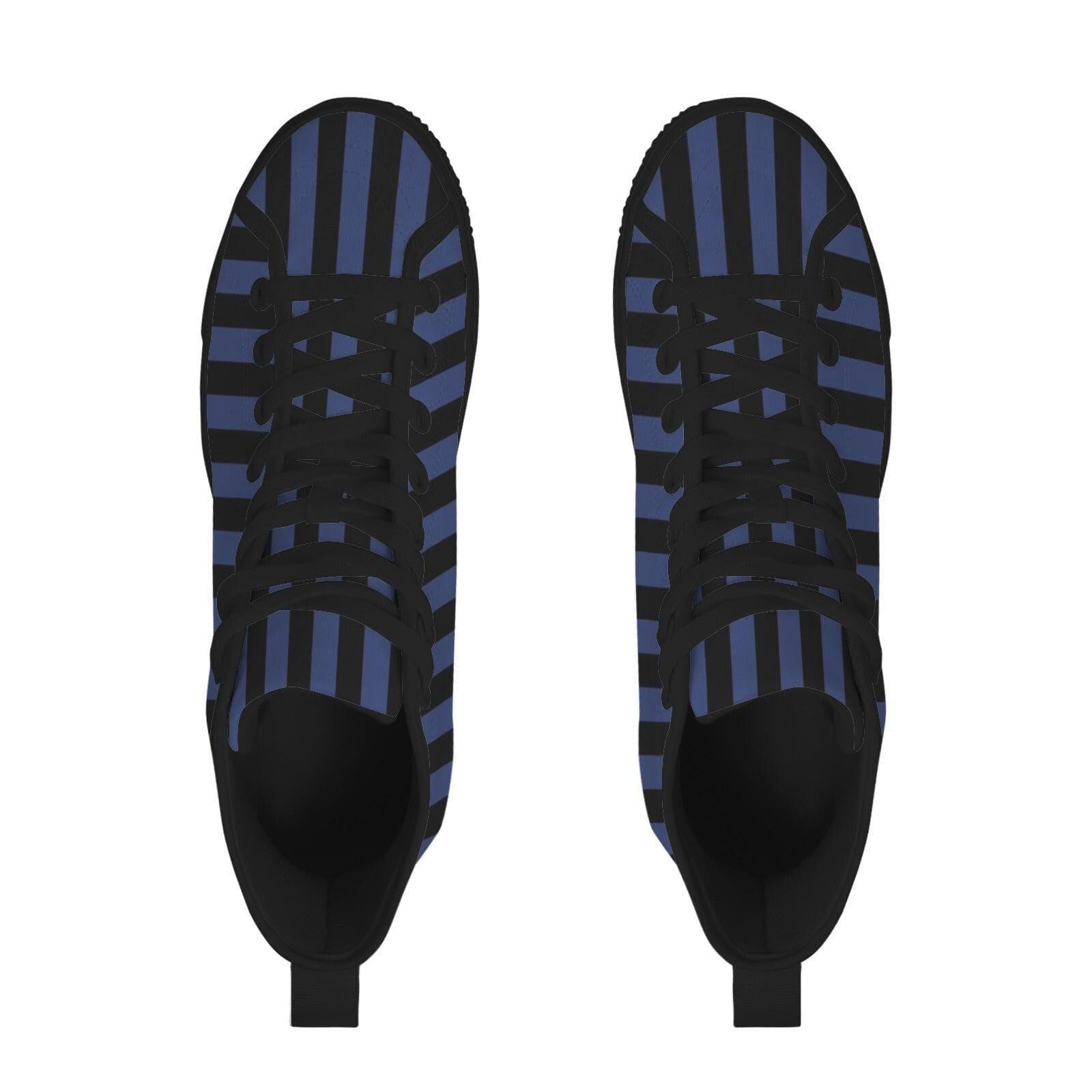 Navy Blue Black Vertical Stripe High Top Sneakers, Skater Canvas Shoes