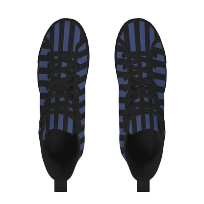 Navy Blue Black Vertical Stripe High Top Sneakers, Skater Canvas Shoes