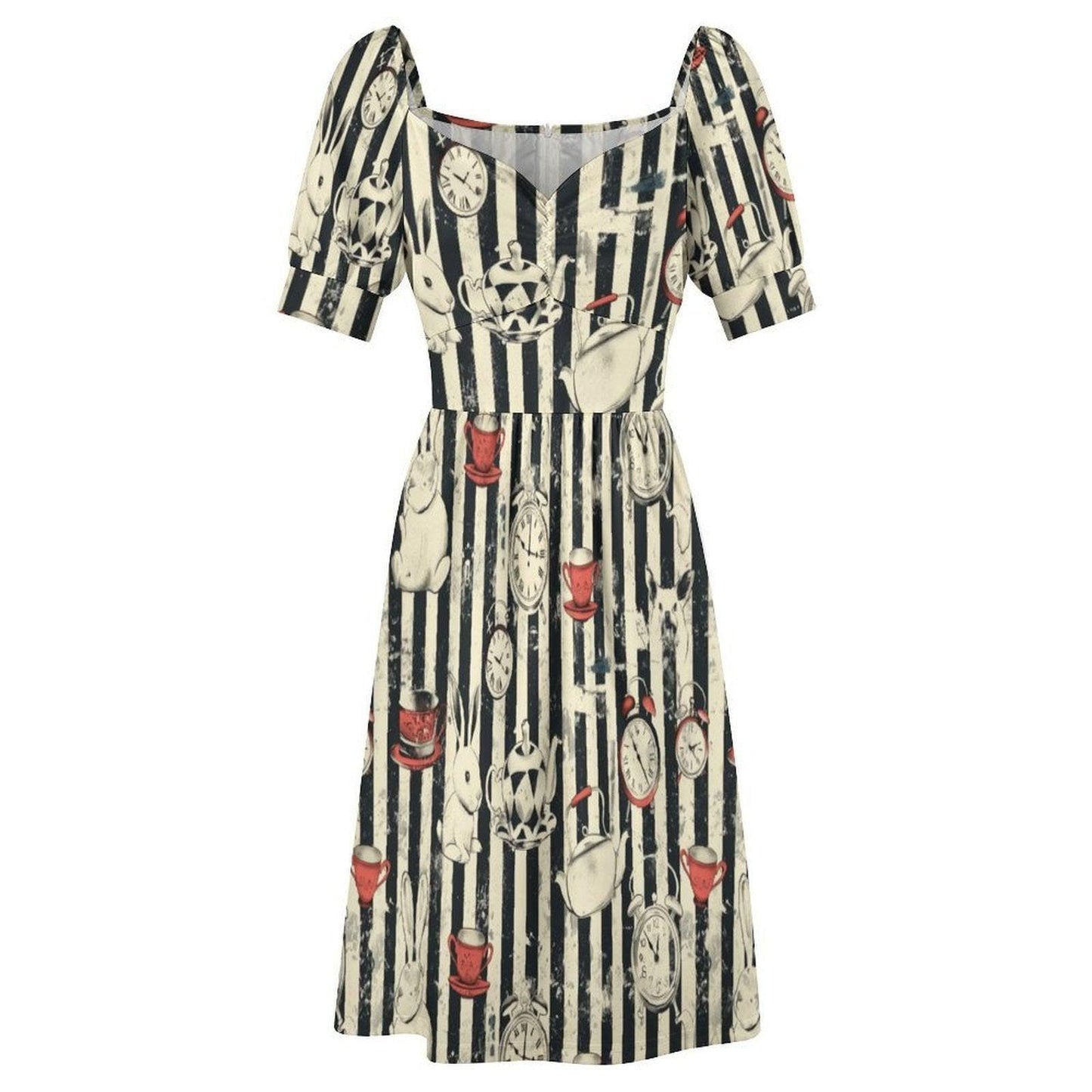 Wonderland Rabbit Midi Dress, Tea Party Clock Print, Striped Puff Sleeve Fantasy Dress