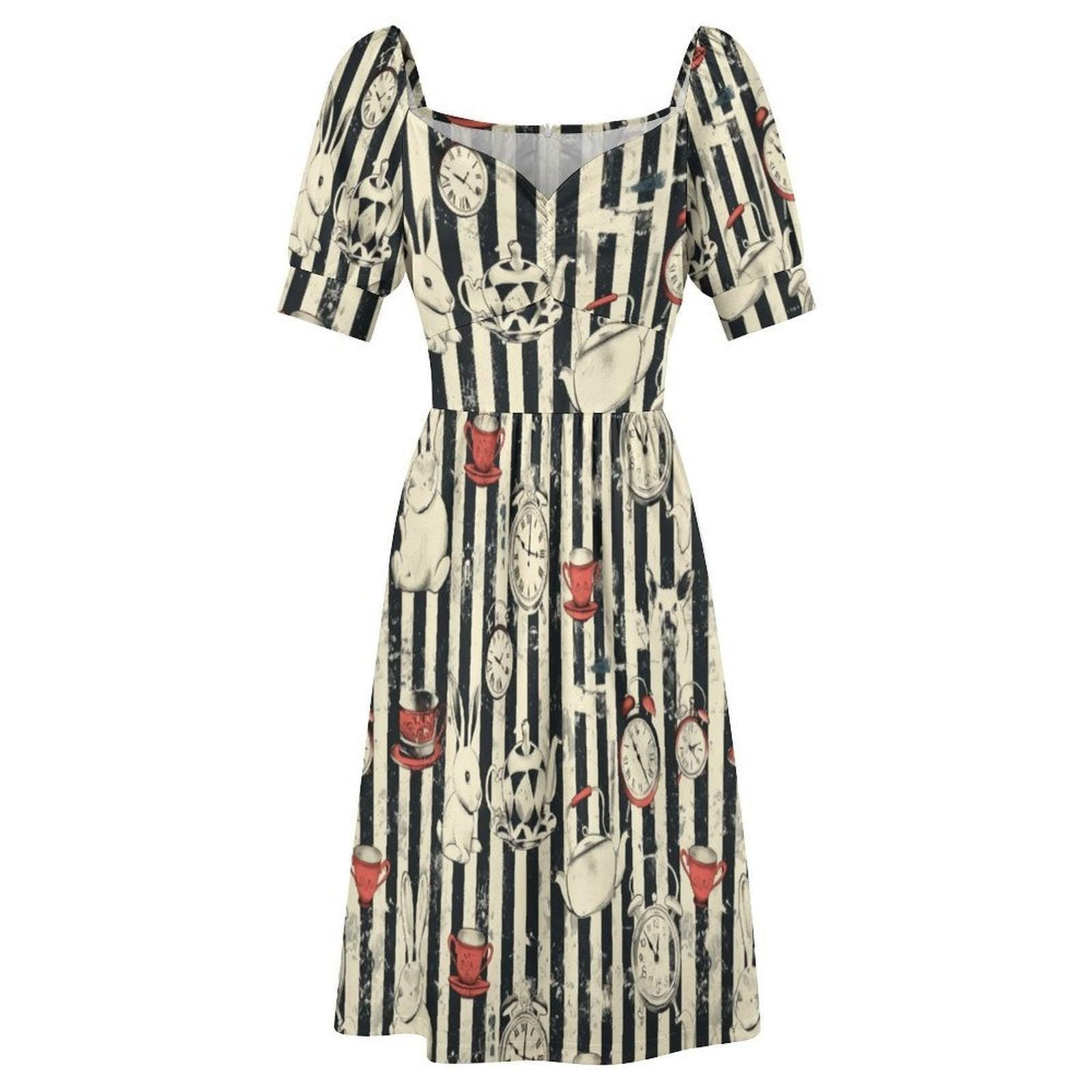 Wonderland Rabbit Midi Dress, Tea Party Clock Print, Striped Puff Sleeve Fantasy Dress