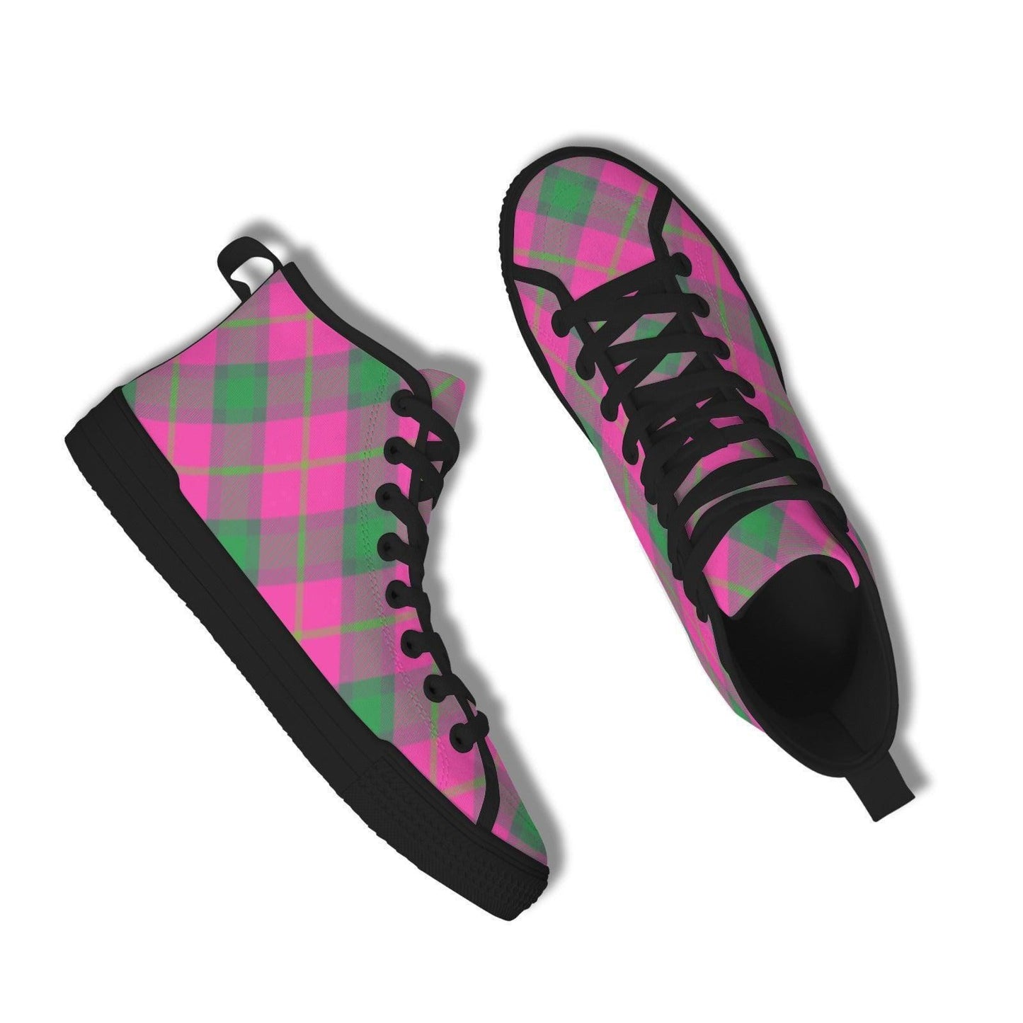 Pink Green Plaid High Top Canvas Sneakers, Tartan Lace Up Shoes