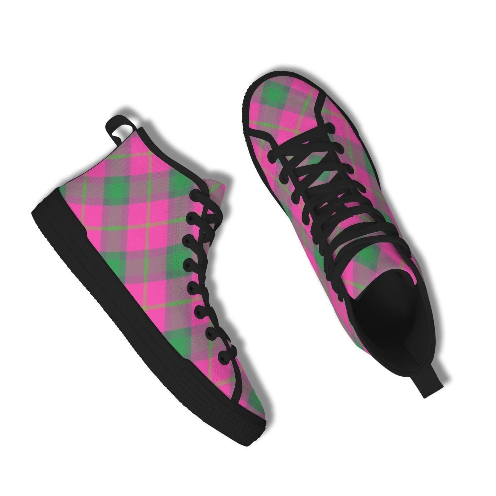 Pink Green Plaid High Top Canvas Sneakers, Tartan Lace Up Shoes