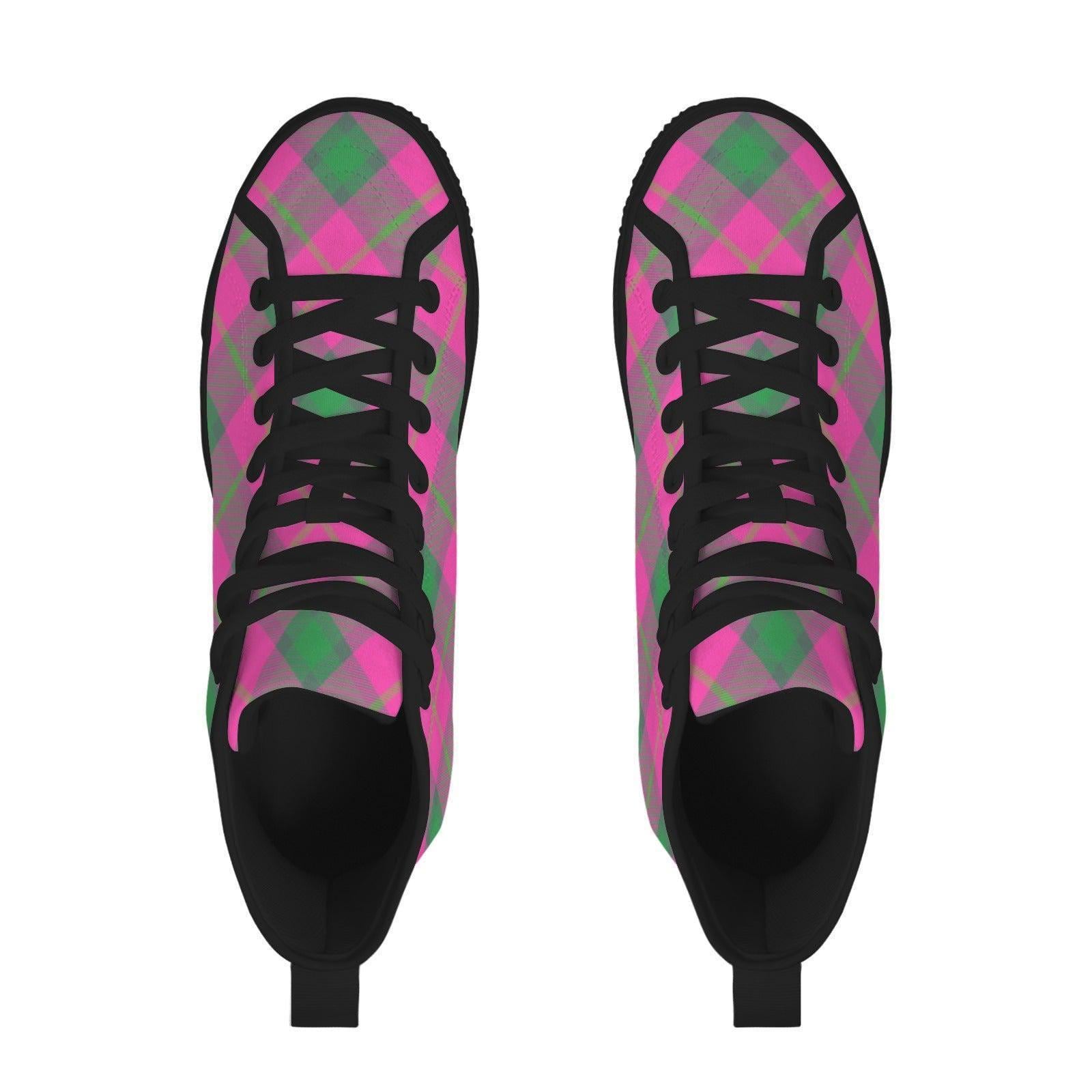 Pink Green Plaid High Top Canvas Sneakers, Tartan Lace Up Shoes