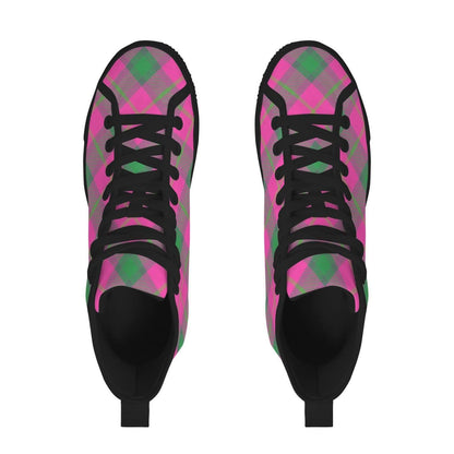 Pink Green Plaid High Top Canvas Sneakers, Tartan Lace Up Shoes