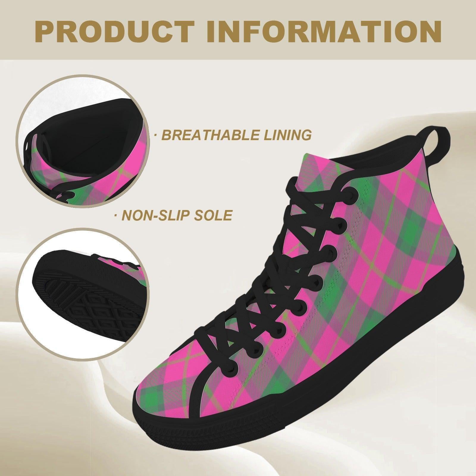 Pink Green Plaid High Top Canvas Sneakers, Tartan Lace Up Shoes