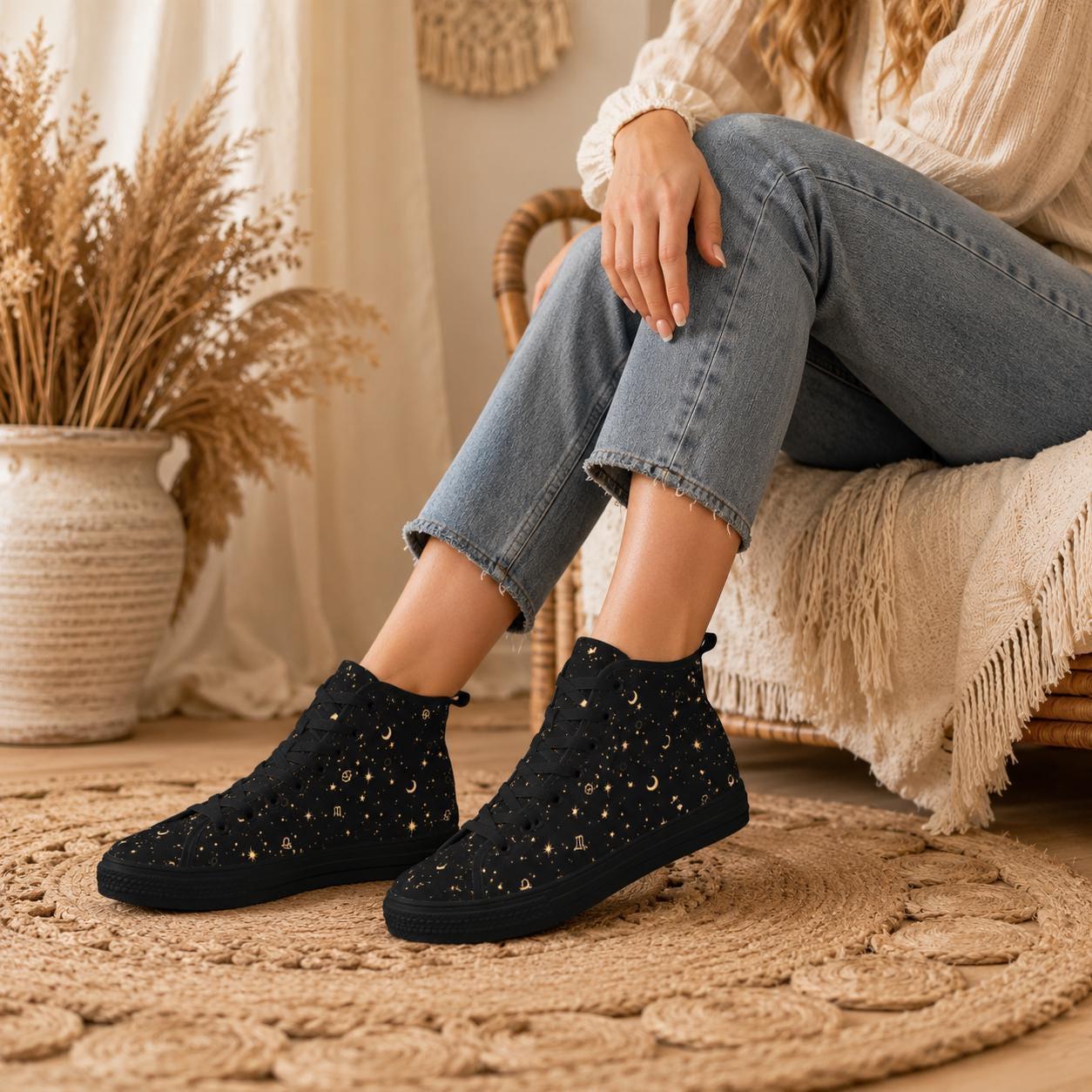 Celestial High Top Sneakers, Black Moon Star Zodiac Print Canvas Shoes