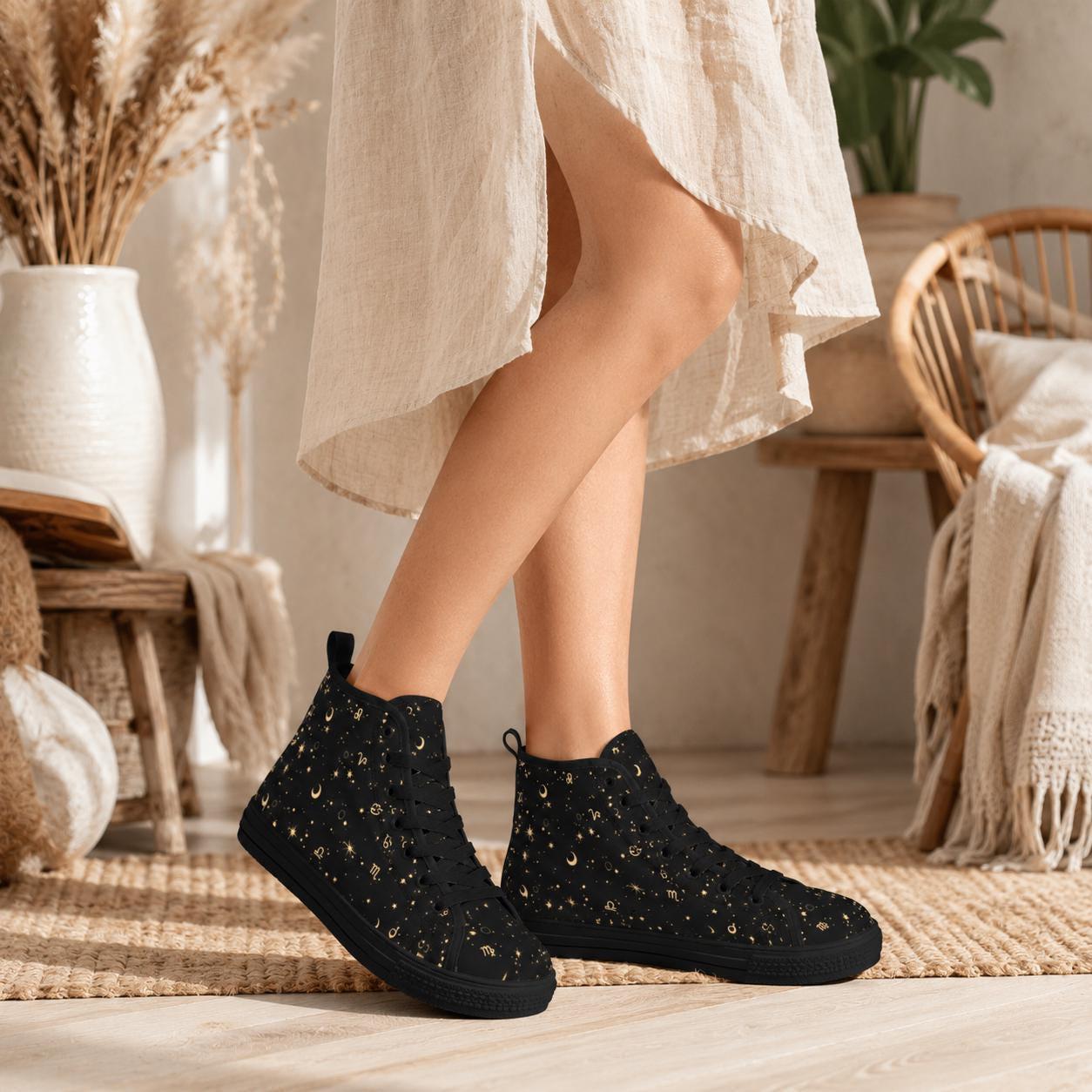 Celestial High Top Sneakers, Black Moon Star Zodiac Print Canvas Shoes