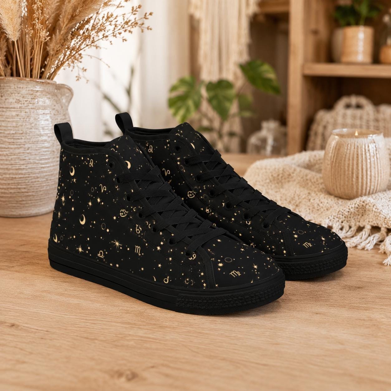 Celestial High Top Sneakers, Black Moon Star Zodiac Print Canvas Shoes